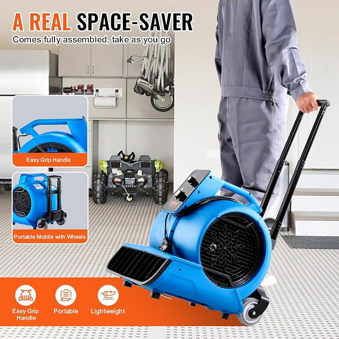 Air Mover, 1 HP 4000 CFM Carpet Dryer for Cooling and Ventilating, Portable Floor Blower Fan with 3 Blowing Angles and Time