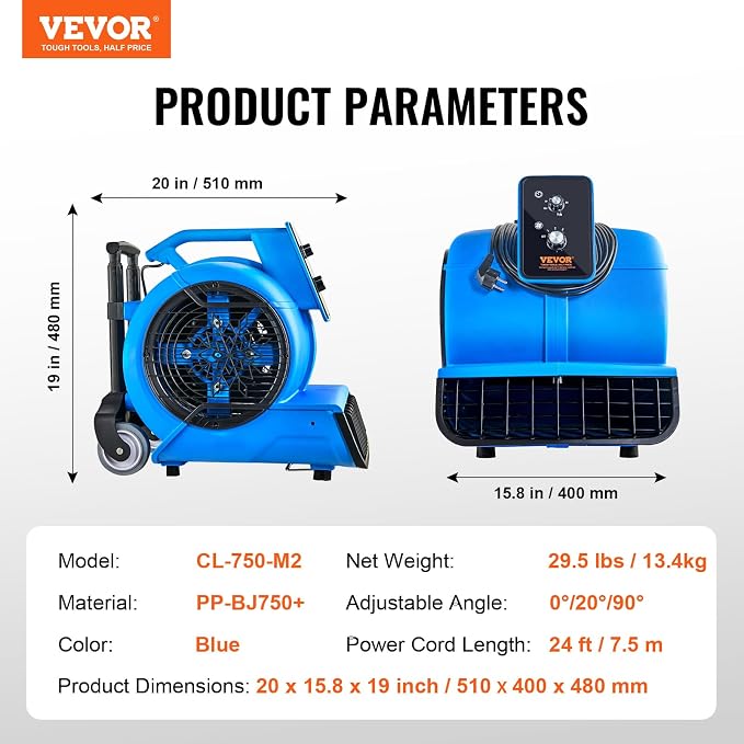 Air Mover, 1 HP 4000 CFM Carpet Dryer for Cooling and Ventilating, Portable Floor Blower Fan with 3 Blowing Angles and Time