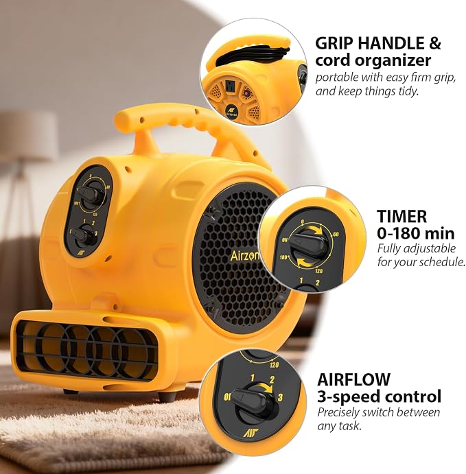 Air Mover, 1100 CFM 1/4 HP 200W Blower Fan, Floor Fan Heavy Duty with 3 Speeds and Timer, Stackable Air Blower, Utility Fan