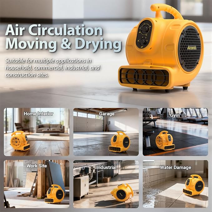 Air Mover, 1100 CFM 1/4 HP 200W Blower Fan, Floor Fan Heavy Duty with 3 Speeds and Timer, Stackable Air Blower, Utility Fan