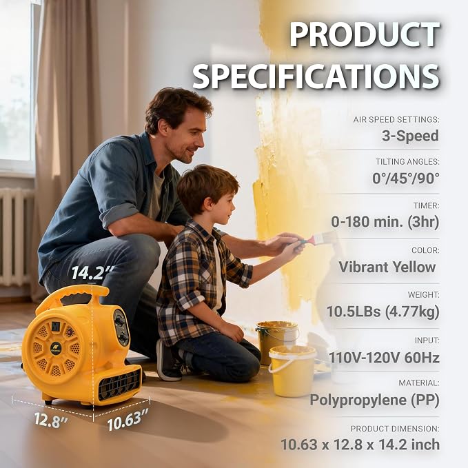 Air Mover, 1100 CFM 1/4 HP 200W Blower Fan, Floor Fan Heavy Duty with 3 Speeds and Timer, Stackable Air Blower, Utility Fan