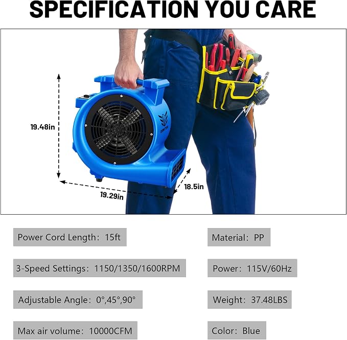 Air Mover Blower Fan, Industrial 1.5HP MAX10000CFM Monster Floor Blower Carpet Dryers - 3 Speeds, 4 Adjustable Angles, 15FT