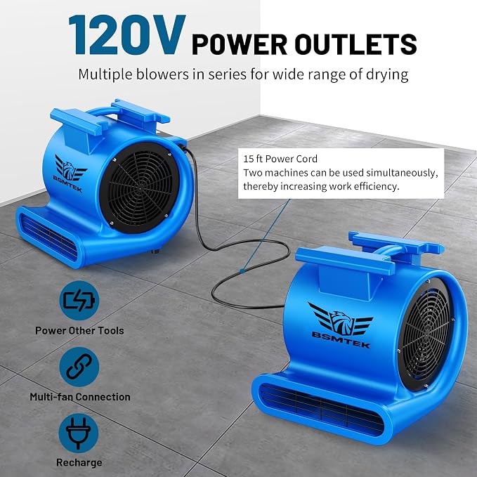 Air Mover Blower Fan, Industrial 1.5HP MAX10000CFM Monster Floor Blower Carpet Dryers - 3 Speeds, 4 Adjustable Angles, 15FT