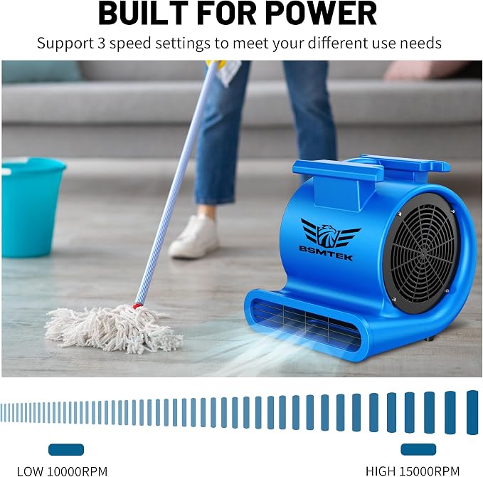 Air Mover Blower Fan, Industrial 1.5HP MAX10000CFM Monster Floor Blower Carpet Dryers - 3 Speeds, 4 Adjustable Angles, 15FT