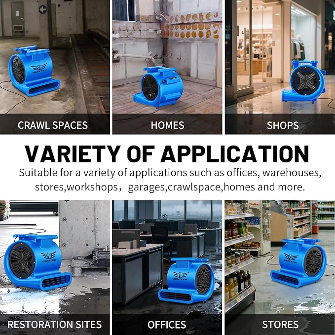 Air Mover Blower Fan, Industrial 1.5HP MAX10000CFM Monster Floor Blower Carpet Dryers - 3 Speeds, 4 Adjustable Angles, 15FT