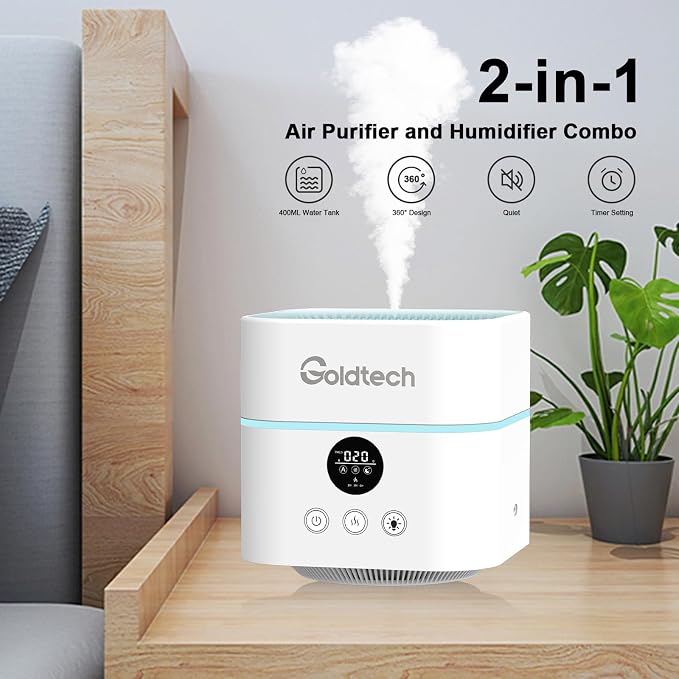 Air Purifier and Humidifier Combo for Bedroom Up to 200Ft2,H13 True HEPA Filter Desk Air Purifiers with Smart WiFi,500ML