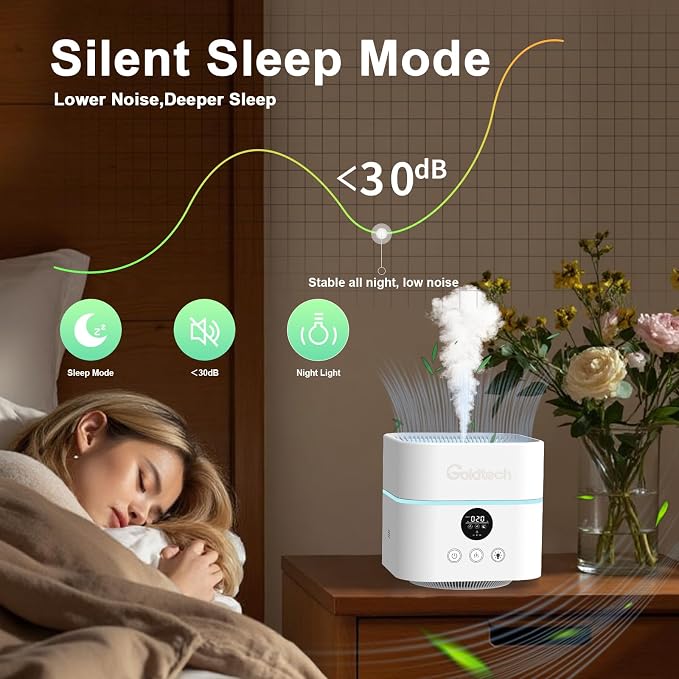 Air Purifier and Humidifier Combo for Bedroom Up to 200Ft2,H13 True HEPA Filter Desk Air Purifiers with Smart WiFi,500ML