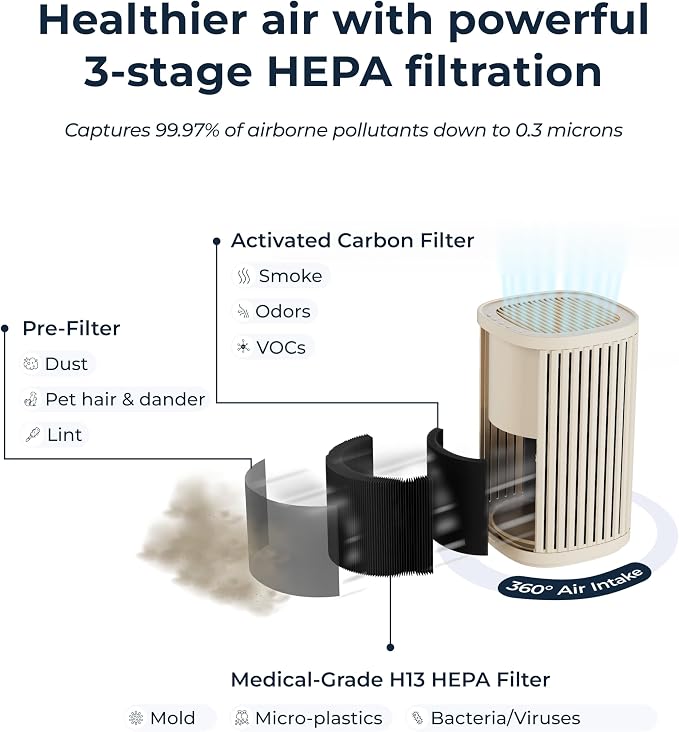 Air Purifier for Home - 3-In-1 Filtration for Dust, Smoke, & More - True HEPA Filter, Activated Carbon, & Pre-Filter