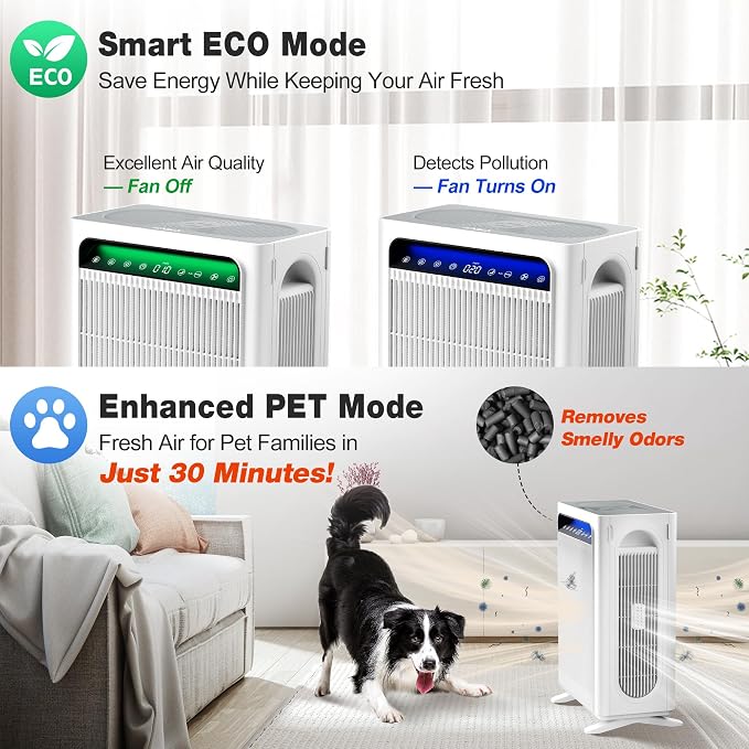 Air Purifier for Home Bedroom Large Room Up to 1,695 Ft2 in 1 Hr, HEPA Air Cleaner with Washable Pre-Filter, AQI Display, ECO