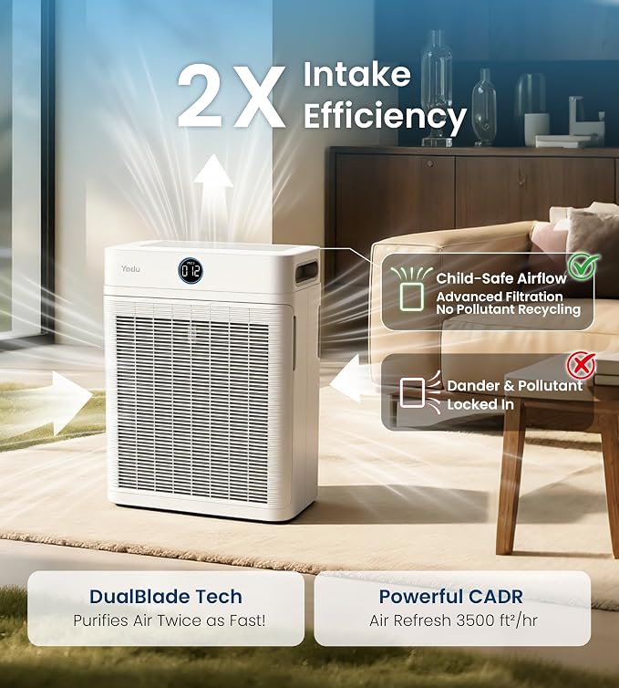 Air Purifier for Large Rooms up to 2,540 sq ft, Dual Intake, H13 True HEPA Filter, WiFi Control & Air Sensor, 20dB Quiet for