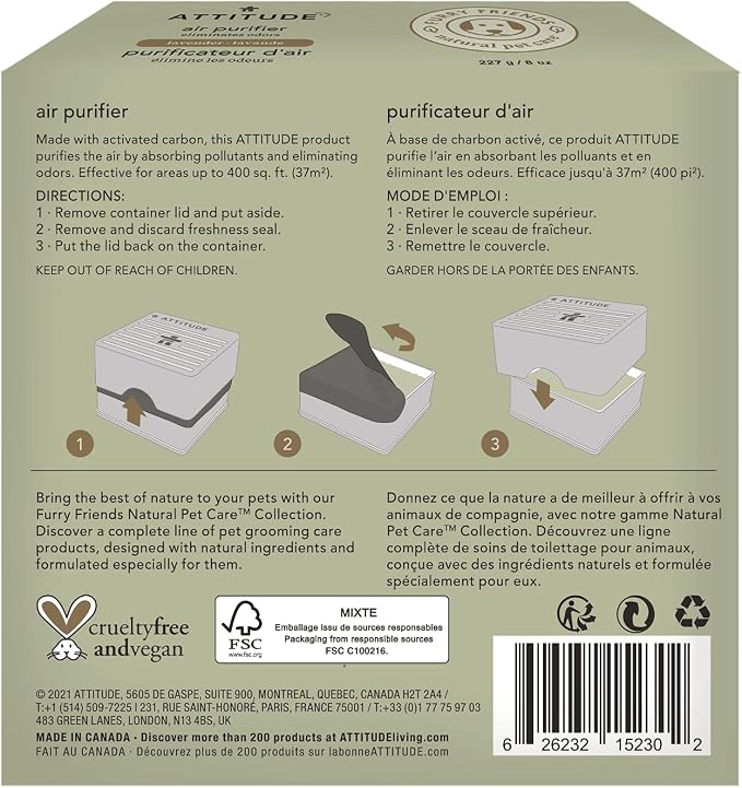 Air Purifier with Activated Carbon Filter, Plant- and Mineral-Based Ingredients, Traps Pet Odors and Pollutants, Vegan and