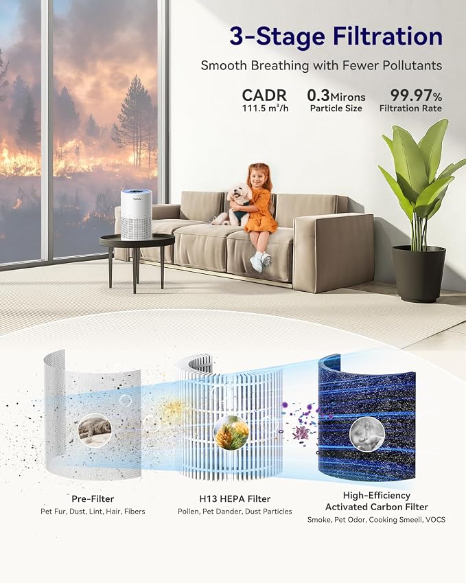 Air Purifiers for Bedroom Home Pets 1200 Ft2, H13 True HEPA Air Filter Portable Air Purifier with 12dB Sleep Mode, alternate