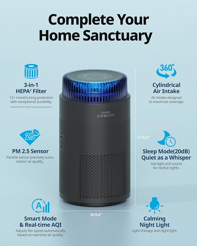 Air Purifiers for Bedroom Home up to 810 ft2, HEPA Filter for Smoke, Allergies, Pet Dander, Odor, AQI Monitor, Auto&Sleep