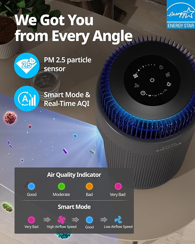 Air Purifiers for Bedroom Home up to 810 ft2, HEPA Filter for Smoke, Allergies, Pet Dander, Odor, AQI Monitor, Auto&Sleep