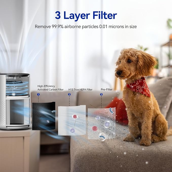 Air Purifiers for Bedroom Home with H13 True HEPA Filter, 20dB Quiet Air Cleaner for Pets Hair Dander Odor, Smoke Dust