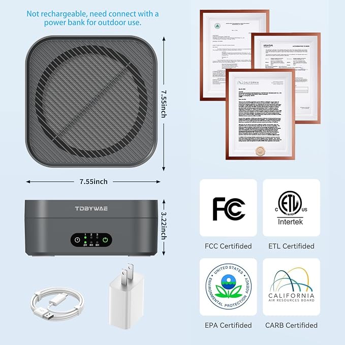 Air Purifiers for Home 600 Sq.Ft, TDBYWAE H13 True HEPA Air Purifier with USB Cable for Pets Dust Dander Pollen Odor Smoke