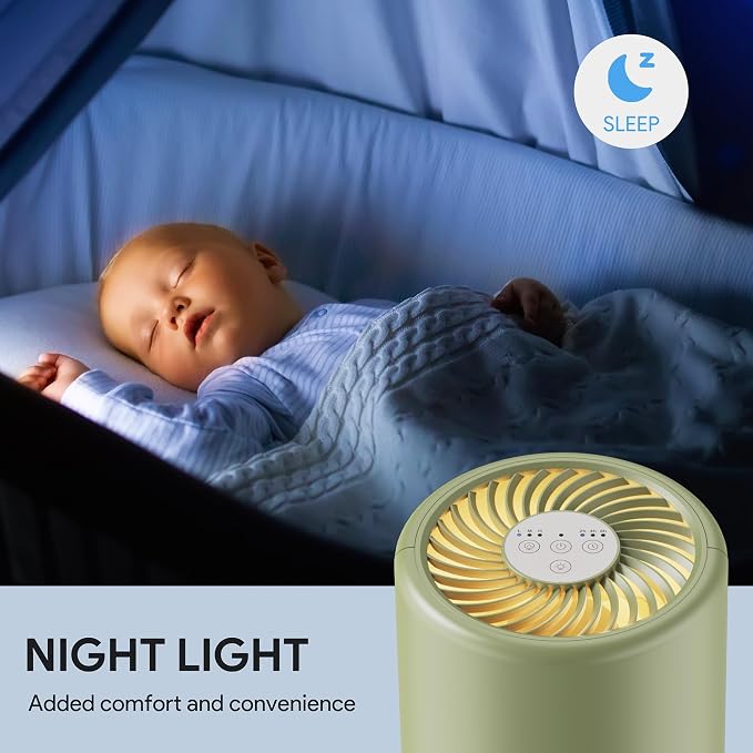Air Purifiers for Home Bedroom H13 HEPA Air Purifier, 3 Speeds, Timer, 24dB, Small Mini Air Purifier with Night Light, Sage