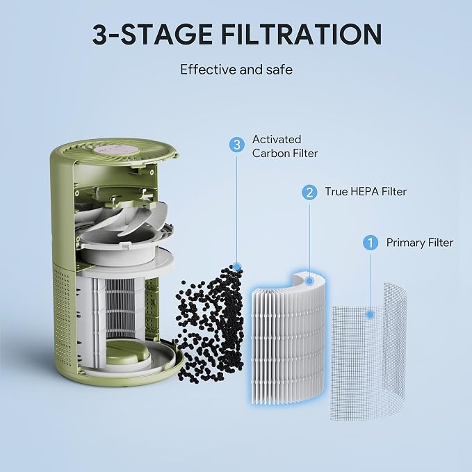 Air Purifiers for Home Bedroom H13 HEPA Air Purifier, 3 Speeds, Timer, 24dB, Small Mini Air Purifier with Night Light, Sage