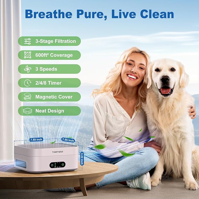 Air Purifiers for Home, TDBYWAE Air Purifier for Bedroom Up to 600 ft2, H13 True HEPA Air Purifier for Pets Dust Dander
