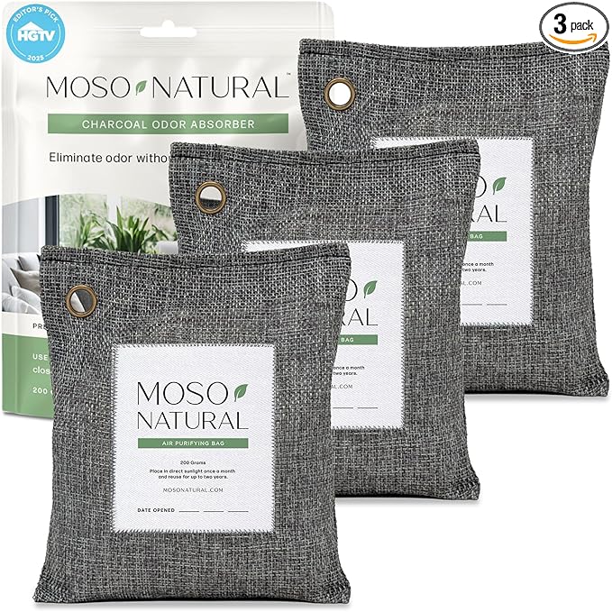 Air Purifying Bag 200g (3 Pack) HGTV Editor's Pick | Bamboo Charcoal Odor Absorber for Home & Car | Closet Odor, product
