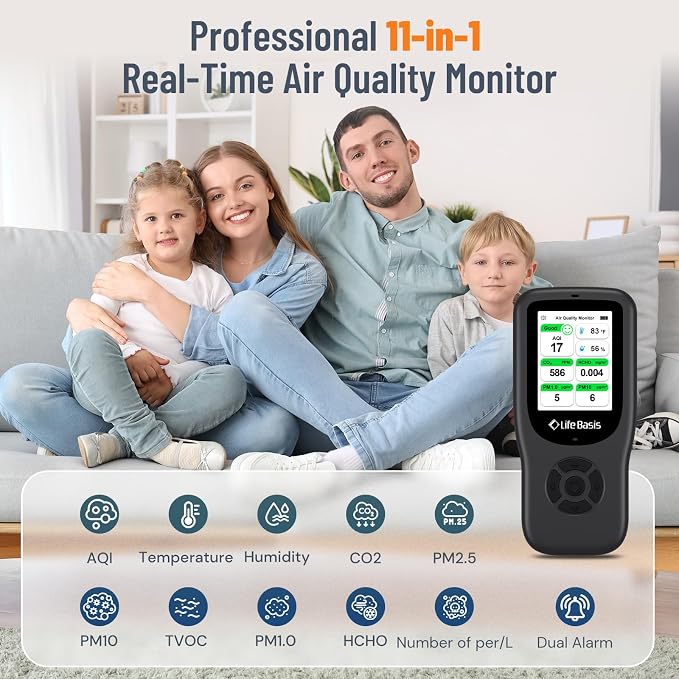 Air Quality Monitor Indoor, 11-in-1 Air Quality Detector with Stand, Real-Time Air Meter Test AQI, PM1.0, PM2.5, PM10, CO2