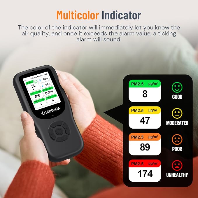 Air Quality Monitor Indoor, 11-in-1 Air Quality Detector with Stand, Real-Time Air Meter Test AQI, PM1.0, PM2.5, PM10, CO2