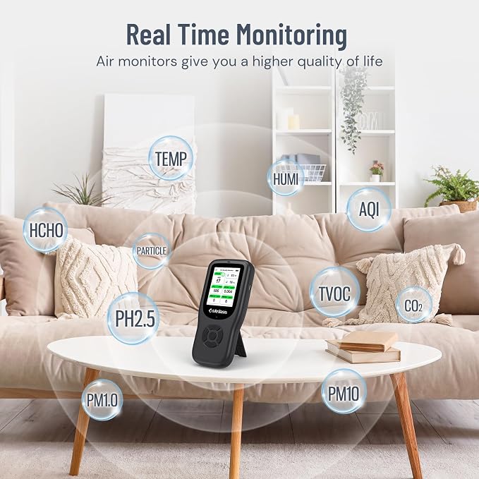 Air Quality Monitor Indoor, 11-in-1 Air Quality Detector with Stand, Real-Time Air Meter Test AQI, PM1.0, PM2.5, PM10, CO2
