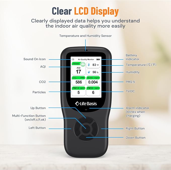 Air Quality Monitor Indoor, 11-in-1 Air Quality Detector with Stand, Real-Time Air Meter Test AQI, PM1.0, PM2.5, PM10, CO2