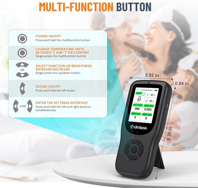 Air Quality Monitor Indoor, 11-in-1 Air Quality Detector with Stand, Real-Time Air Meter Test AQI, PM1.0, PM2.5, PM10, CO2