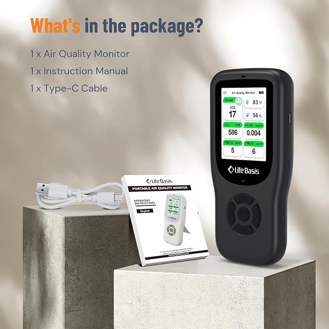 Air Quality Monitor Indoor, 11-in-1 Air Quality Detector with Stand, Real-Time Air Meter Test AQI, PM1.0, PM2.5, PM10, CO2