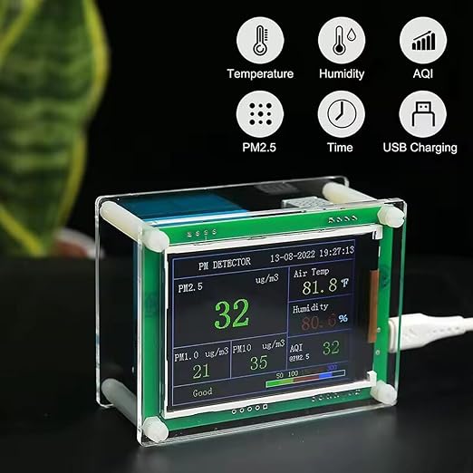 Air Quality Monitor Indoor PM 2.5 2.8in Screen 180 Wide 1600mAh Acrylic PCB Air Quality Tester with Multi Index Prevent