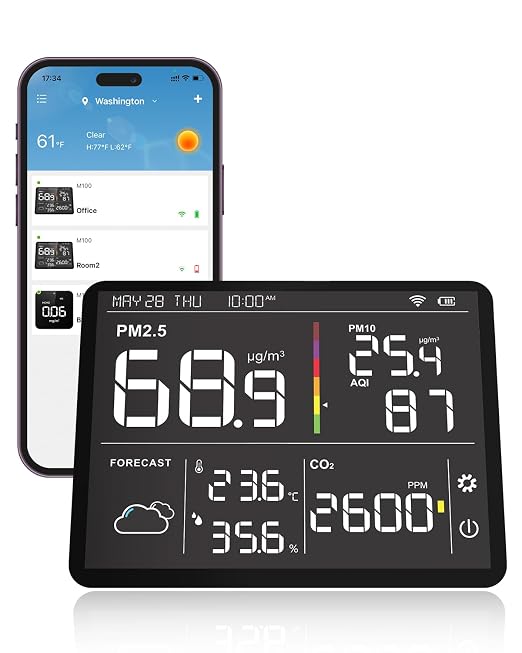 Air Quality Monitor Indoor PM2.5 CO2 Detector, 8-in-1 Smart Air Quality Weather Station with PM2.5 PM10 CO2 Temperature