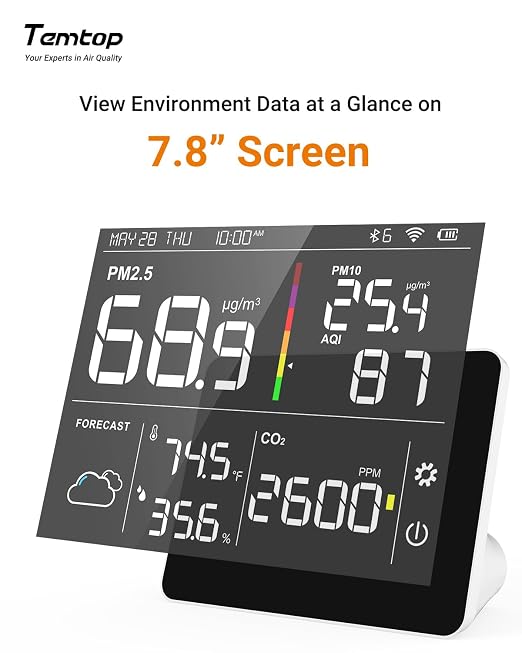 Air Quality Monitor Indoor PM2.5 CO2 Detector, 8-in-1 Smart Air Quality Weather Station with PM2.5 PM10 CO2 Temperature