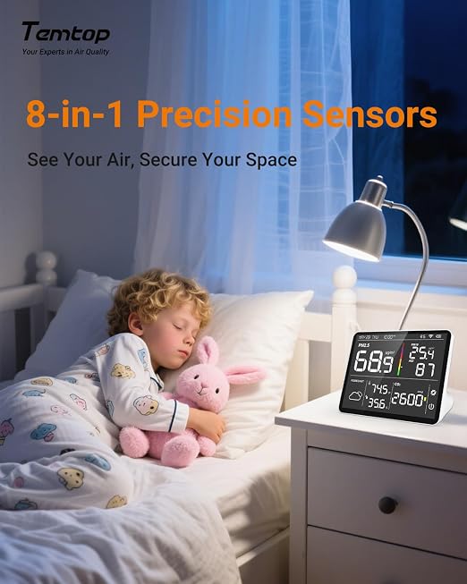 Air Quality Monitor Indoor PM2.5 CO2 Detector, 8-in-1 Smart Air Quality Weather Station with PM2.5 PM10 CO2 Temperature