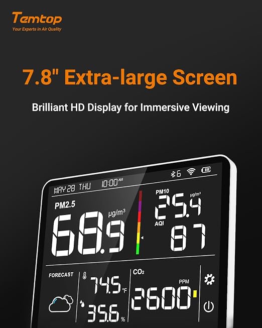 Air Quality Monitor Indoor PM2.5 CO2 Detector, 8-in-1 Smart Air Quality Weather Station with PM2.5 PM10 CO2 Temperature