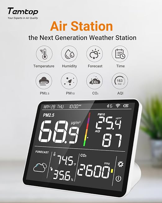 Air Quality Monitor Indoor PM2.5 CO2 Detector, 8-in-1 Smart Air Quality Weather Station with PM2.5 PM10 CO2 Temperature