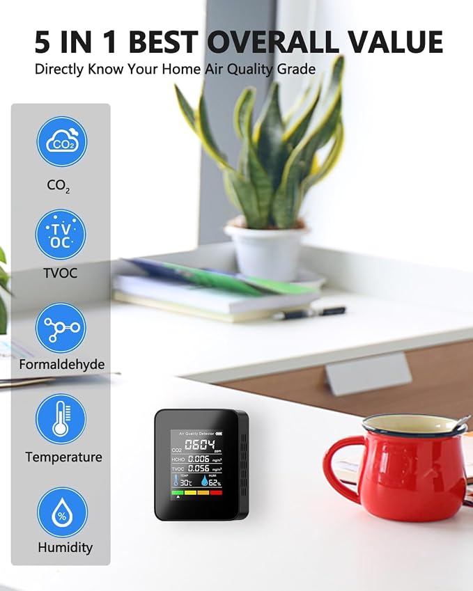 Air Quality Monitor Indoor, Professional Portable CO2 Detector, TVOC HCHO Humidity Temperature Meter, Air, alternate view 3