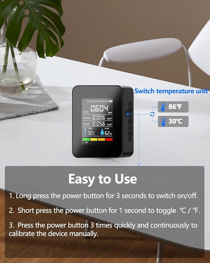 Air Quality Monitor Indoor, Professional Portable CO2 Detector, TVOC HCHO Humidity Temperature Meter, Air, alternate view 6