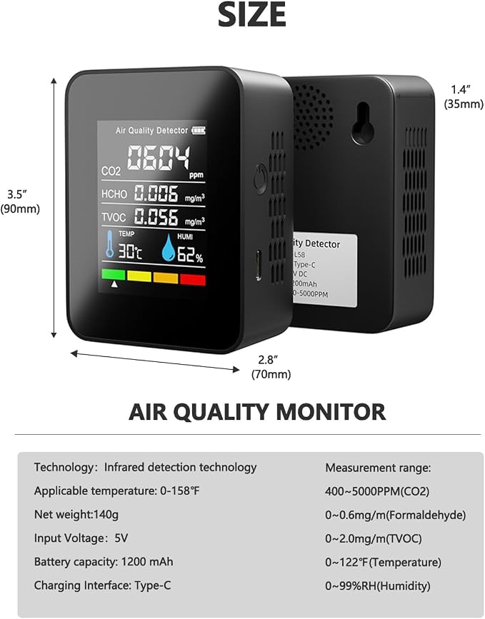 Air Quality Monitor Indoor, Professional Portable CO2 Detector, TVOC HCHO Humidity Temperature Meter, Air, alternate view 7
