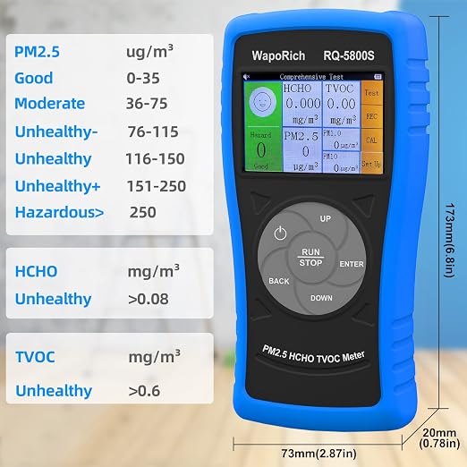 Air Quality Monitor PM2.5 PM10 Particle Counter, 4-in-1 Formaldehyde Detector for HCHO, TVOC, Indoor Air Quality Tester with