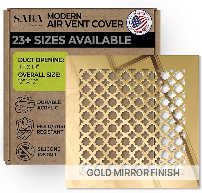 Air Vent Cover Grille - Acrylic Fiberglass 10 x 10 Duct Opening (12 x 12 Overall) Gold Mirror Finish Decorative Register