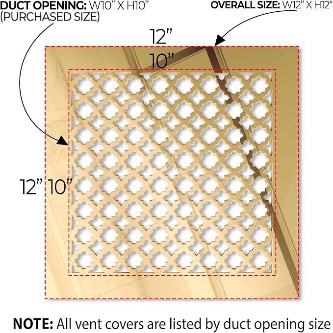 Air Vent Cover Grille - Acrylic Fiberglass 10 x 10 Duct Opening (12 x 12 Overall) Gold Mirror Finish Decorative Register