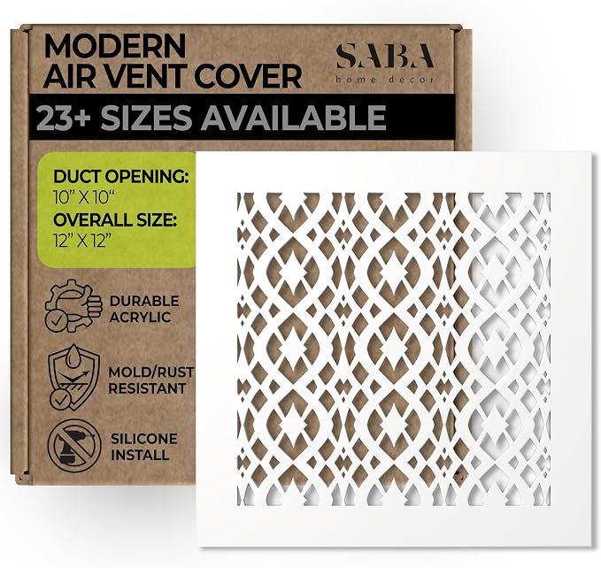 Air Vent Cover Grille - Acrylic Fiberglass 10 x 10 Duct Opening (12 x 12 Overall) White Finish Decorative