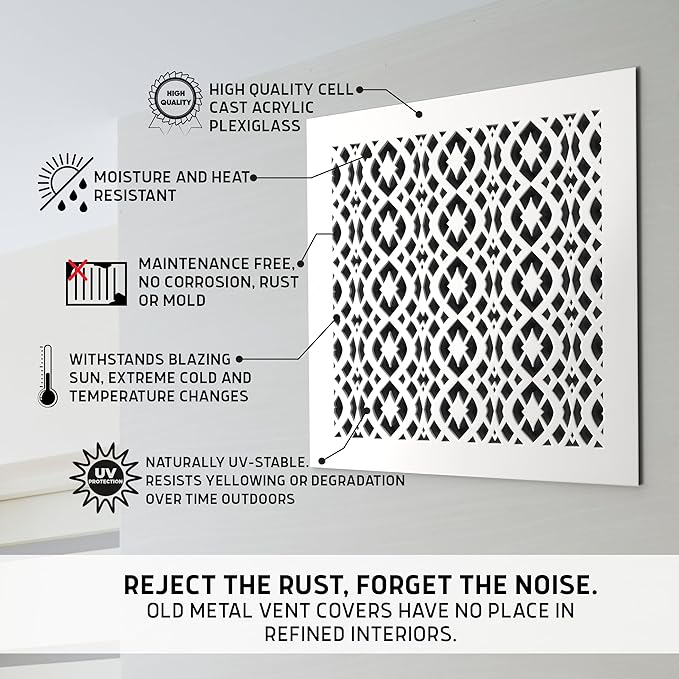 Air Vent Cover Grille - Acrylic Fiberglass 10 x 10 Duct Opening (12 x 12 Overall) White Finish Decorative, alternate view 3