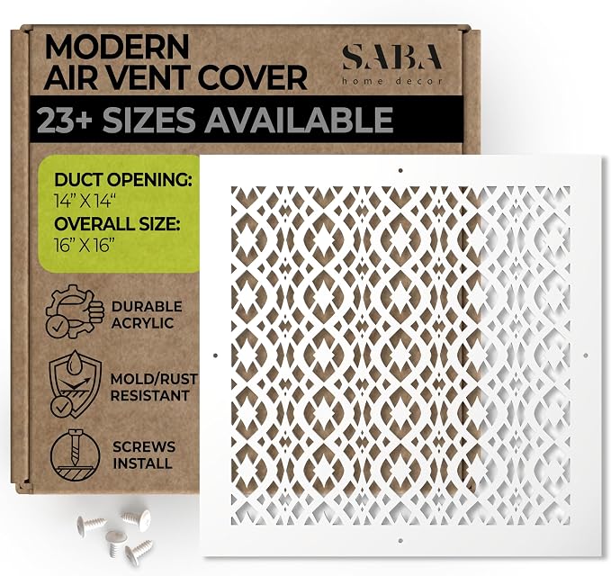 Air Vent Cover Grille - Acrylic Fiberglass 14 x 14 Duct Opening (16 x 16 Overall) White Finish Decorative