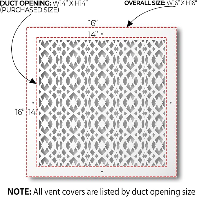 Air Vent Cover Grille - Acrylic Fiberglass 14 x 14 Duct Opening (16 x 16 Overall) White Finish Decorative, alternate view 2
