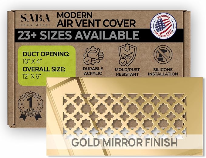Air Vent Cover Grille - Acrylic Fiberglass 4" x 10" Duct Opening (6" x 12" Overall) Gold Mirror Finish Decorative Register