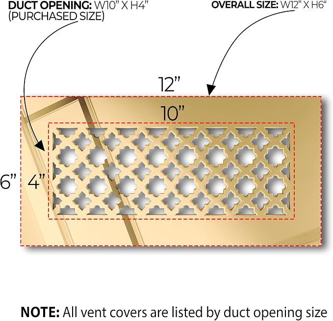Air Vent Cover Grille - Acrylic Fiberglass 4" x 10" Duct Opening (6" x 12" Overall) Gold Mirror Finish Decorative Register