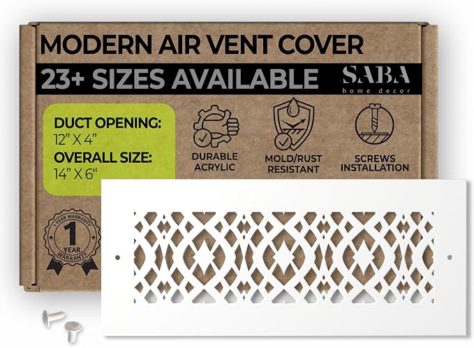 Air Vent Cover Grille - Acrylic Fiberglass 4" x 12" Duct Opening (6" x 14" Overall) White Finish Register Covers for Walls