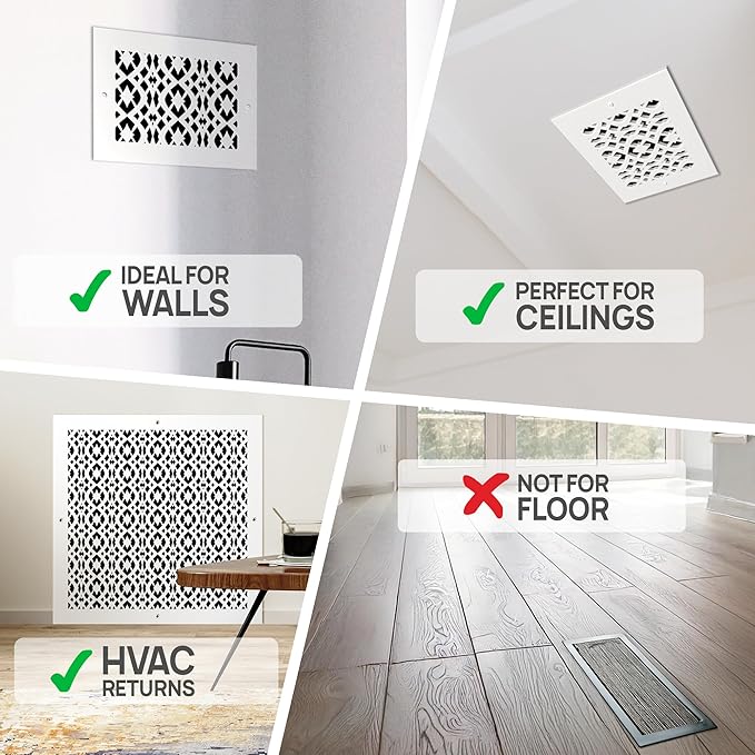 Air Vent Cover Grille - Acrylic Fiberglass 4" x 12" Duct Opening (6" x 14" Overall) White Finish Register Covers for Walls